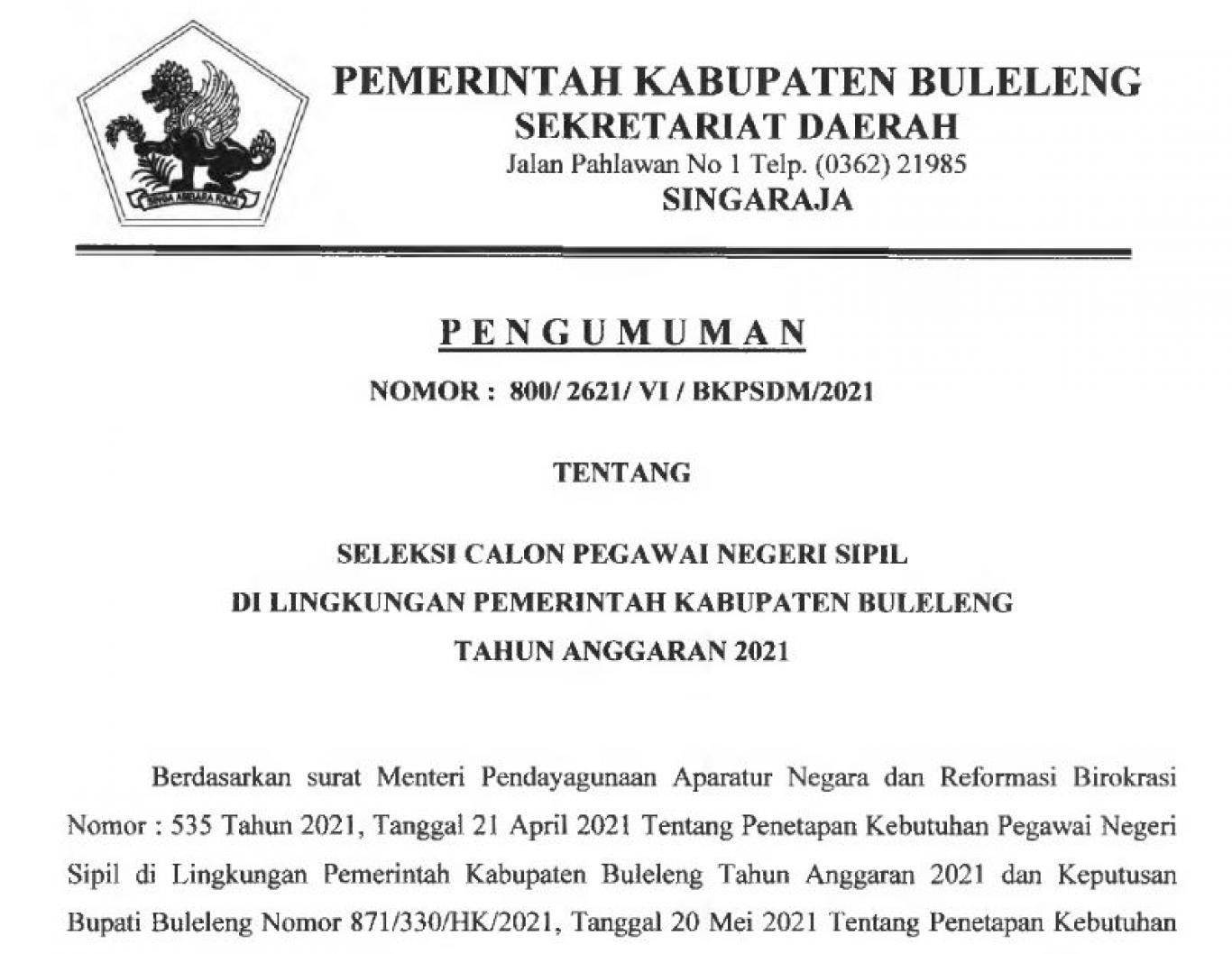 Pengumuman Seleksi Cpns Casn Tahun 2021 Website Desa Dencarik
